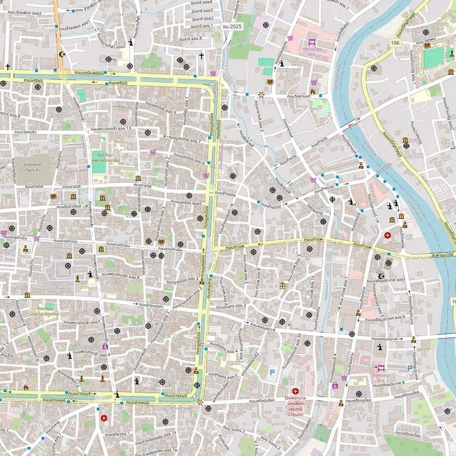Map of the Chiang Mai old city with Tha Phae Gate, Chiang Mai Gate Market, Warorot Market, the Night Bazaar, Wat Mahawan, Wat Ket Karam and Chang Phueak Gate